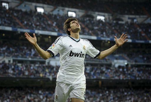 Real Madrid's midfielder Kaka celebrates after scoring in Madrid on May 4, 2013